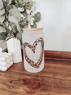 Leopard Heart Frosted 16oz Glass Cup with Bamboo Lid