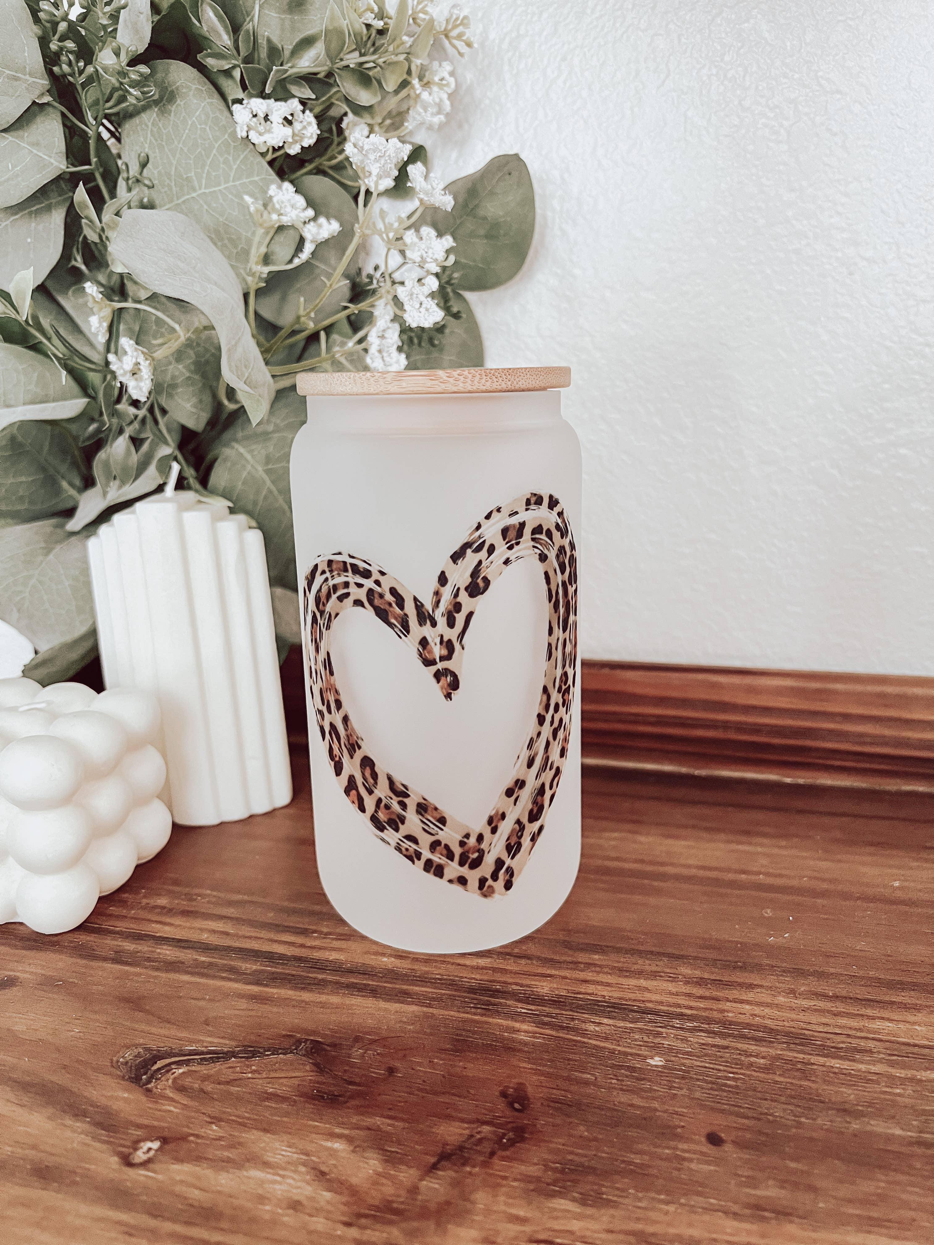 Leopard Heart Frosted 16oz Glass Cup with Bamboo Lid