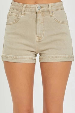 High Rise Cuffed Shorts- Khaki