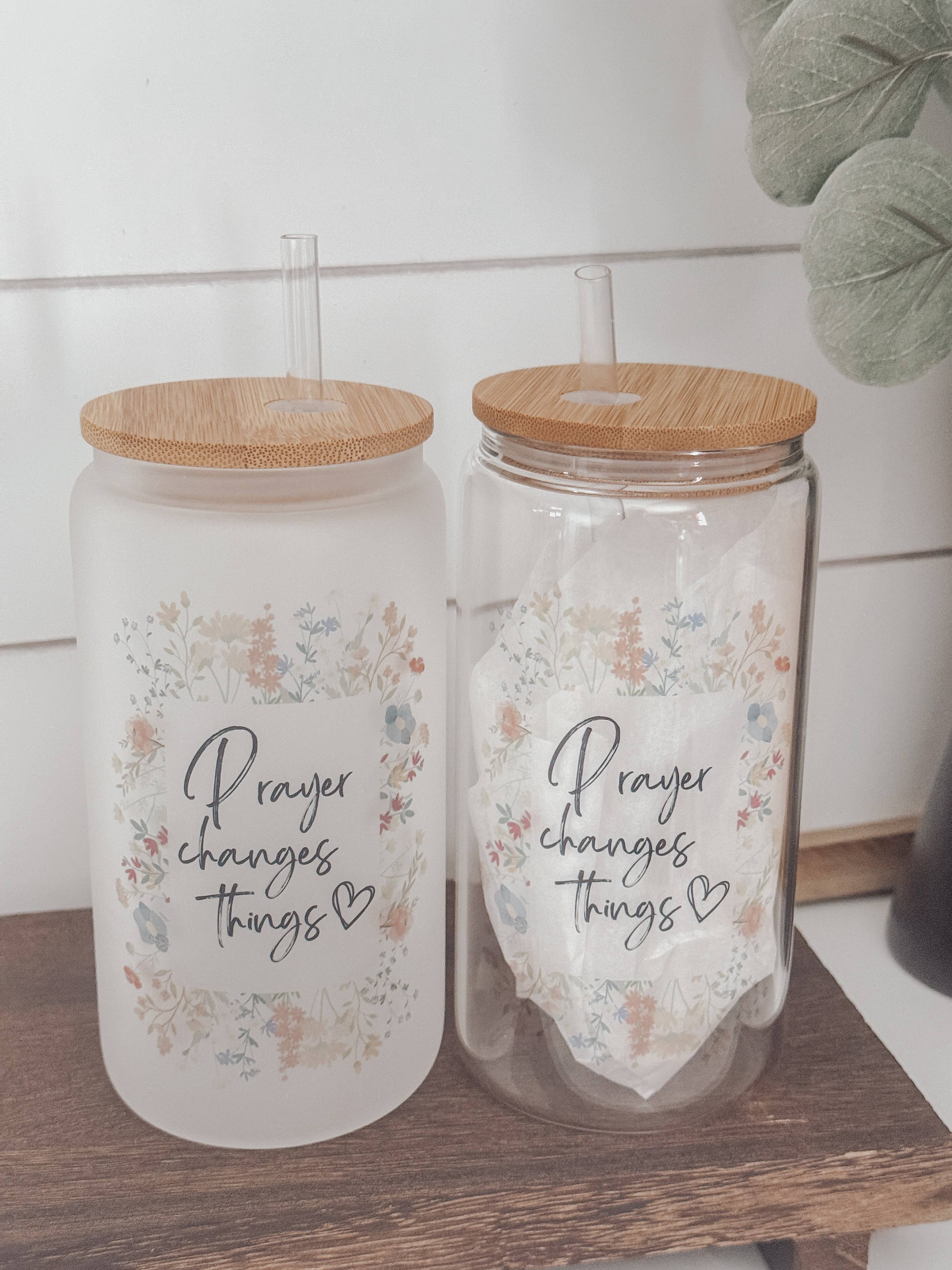 Prayer Changes Things Floral 16oz Glass Cup with Bamboo Lid