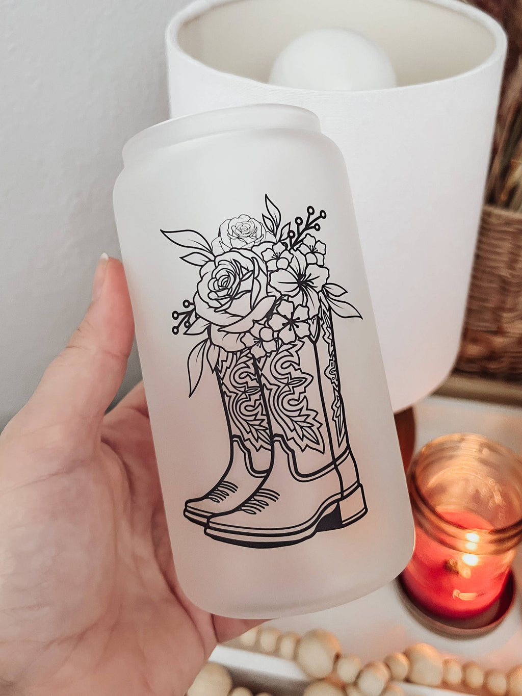 Boots with Flowers Frosted 16 oz Glass Cup with Bamboo Lid