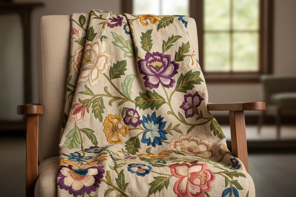 handloom slub cotton throw with large floral embroidery with greenery, beige, pink, purple, mustand yellow, dark blue 