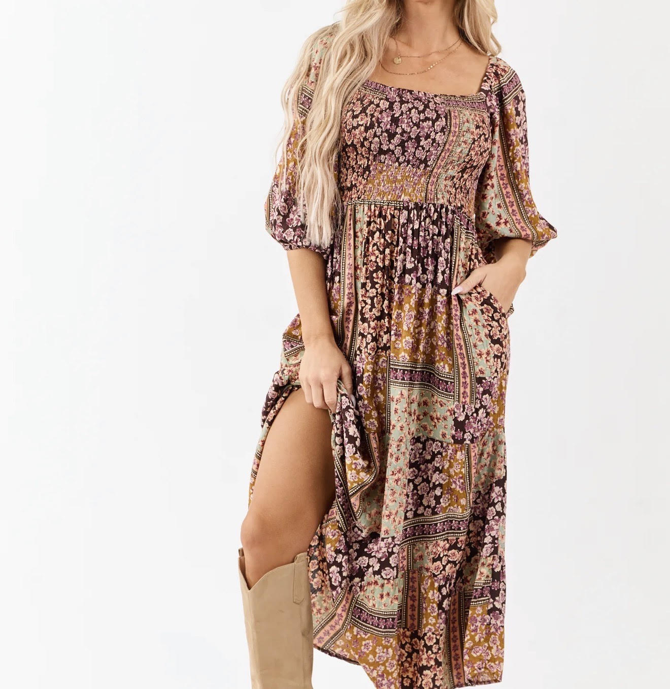 Angie- Smocked Bodice Floral Dress